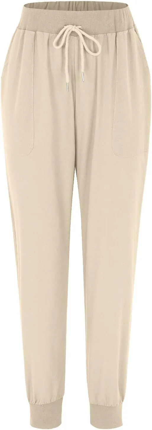 Womens Summer Cotton Tapered Pants Soft Linen Drawstring Elastic Waist Pants Casual Work Trousers with Pockets