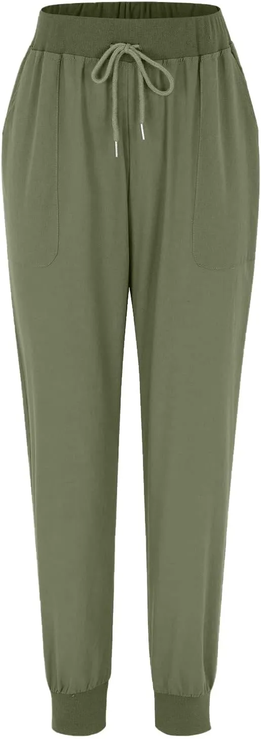 Womens Summer Cotton Tapered Pants Soft Linen Drawstring Elastic Waist Pants Casual Work Trousers with Pockets