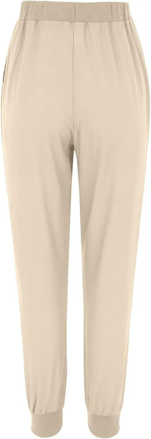 Womens Summer Cotton Tapered Pants Soft Linen Drawstring Elastic Waist Pants Casual Work Trousers with Pockets