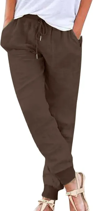 Womens Summer Cotton Tapered Pants Soft Linen Drawstring Elastic Waist Pants Casual Work Trousers with Pockets