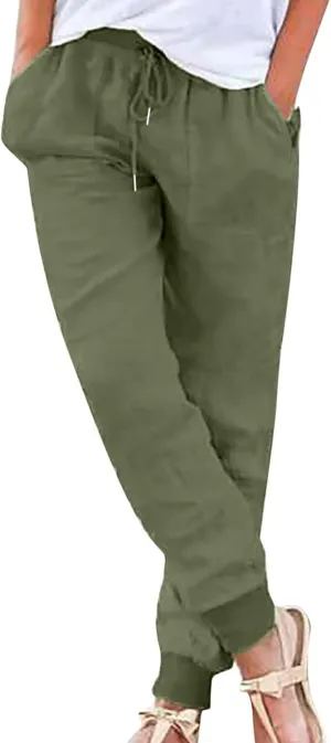 Womens Summer Cotton Tapered Pants Soft Linen Drawstring Elastic Waist Pants Casual Work Trousers with Pockets