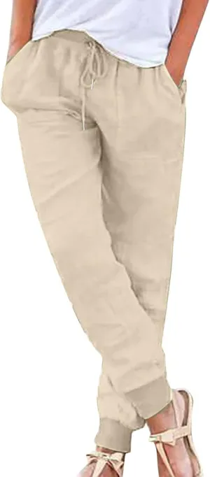 Womens Summer Cotton Tapered Pants Soft Linen Drawstring Elastic Waist Pants Casual Work Trousers with Pockets