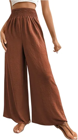 Women's Summer Ruched Wide Leg Pants High Waist Lightweight Long Pants Casual Solid Color Loose Flowy Beach Trousers