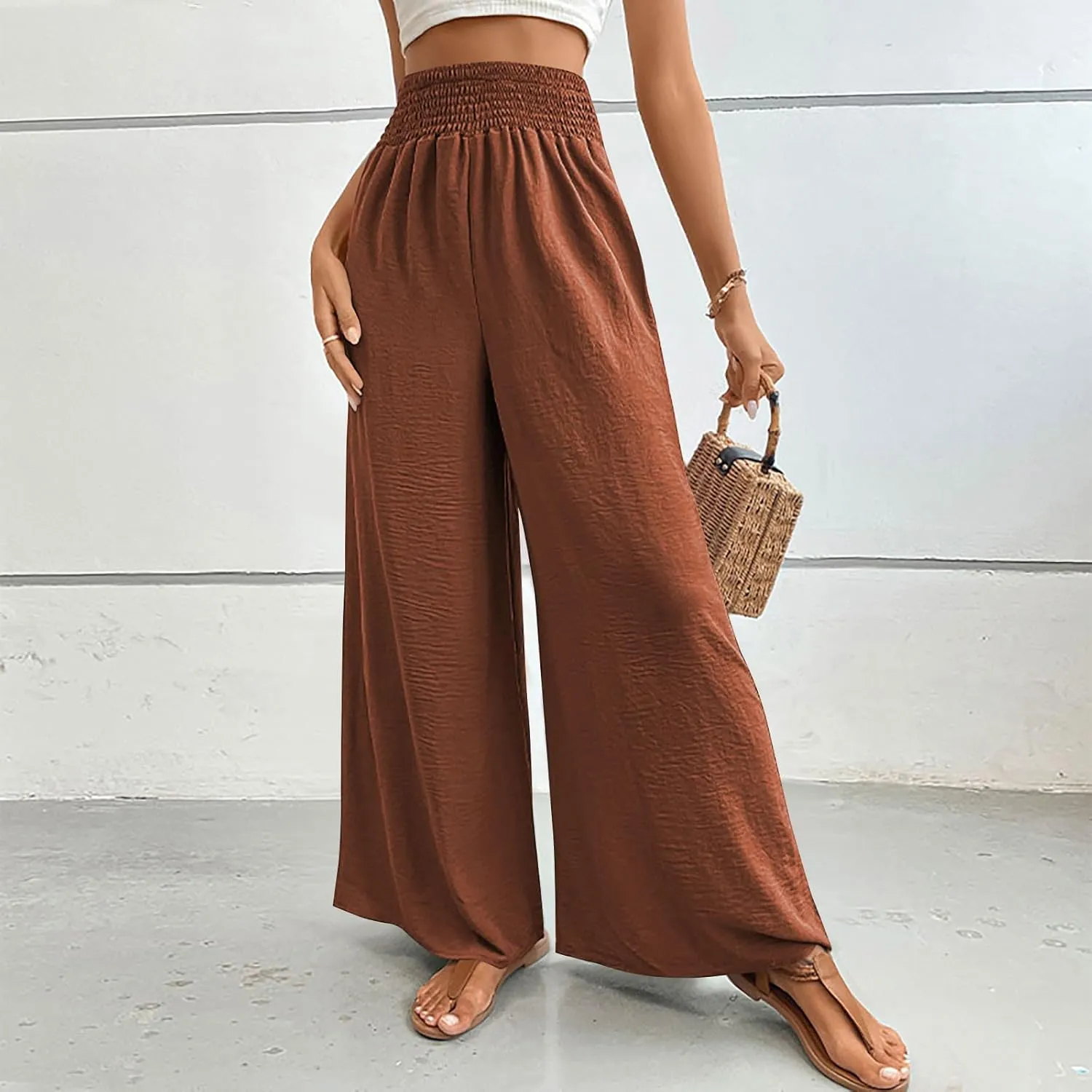 Women's Summer Ruched Wide Leg Pants High Waist Lightweight Long Pants Casual Solid Color Loose Flowy Beach Trousers