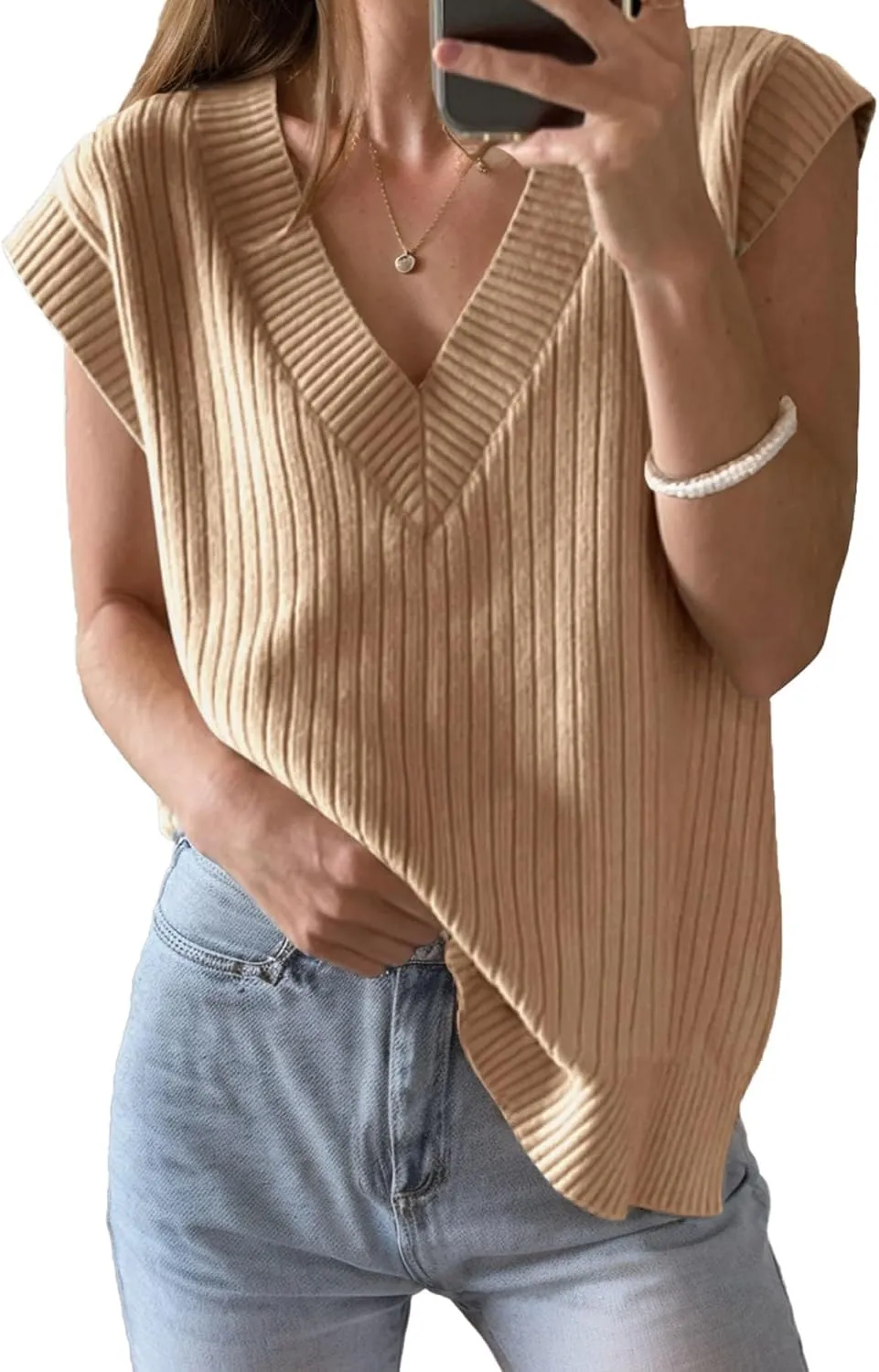 Women's Sweater Vests V Neck Casual Ribbed Knit Sleeveless Sweater Tops Oversized Sweater Vest for Women