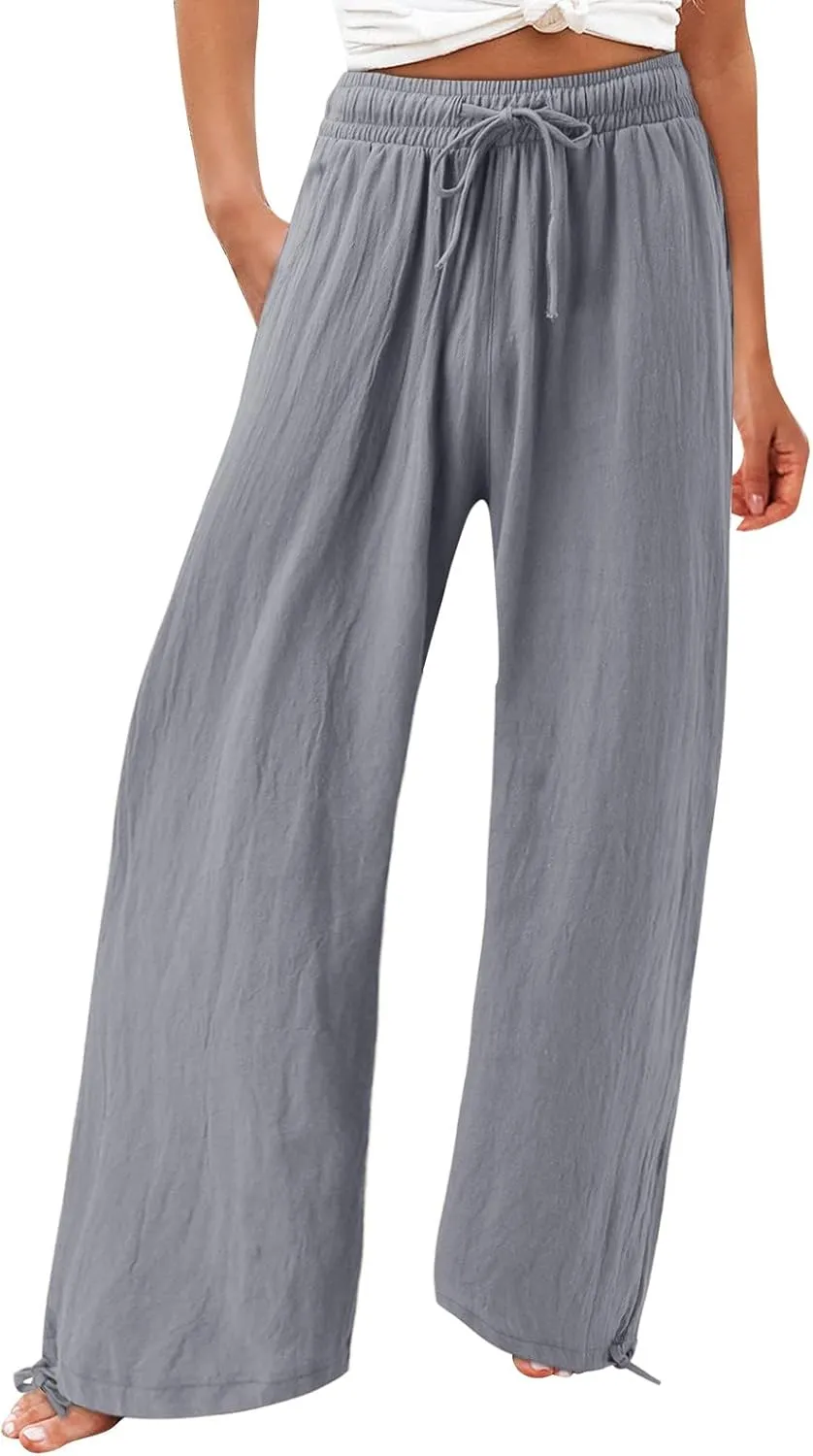 Womens Trousers High Waisted Drawstring Cotton Linen Pants Wide Leg Lounge Pants with Pockets, Small-5X-Large