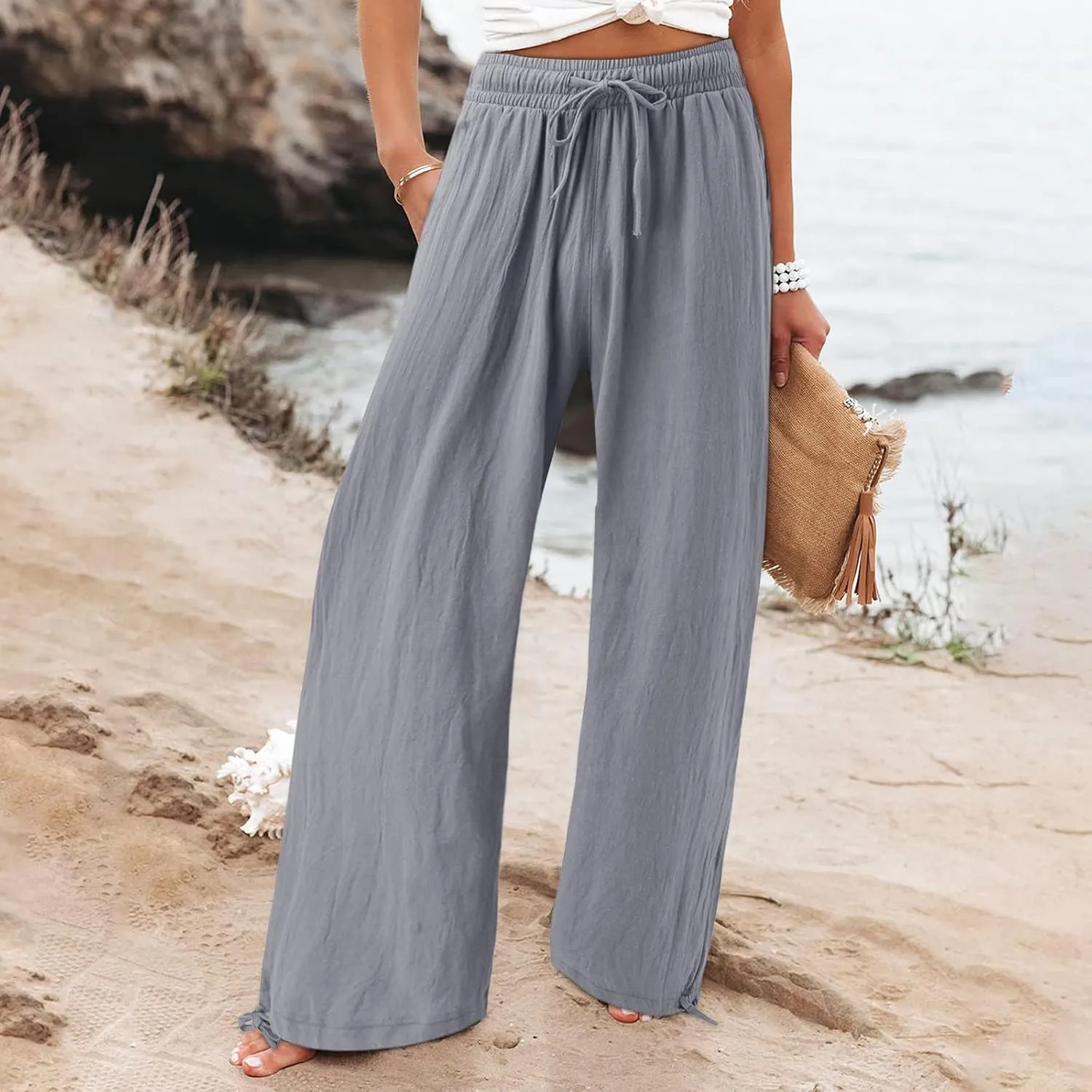 Womens Trousers High Waisted Drawstring Cotton Linen Pants Wide Leg Lounge Pants with Pockets, Small-5X-Large