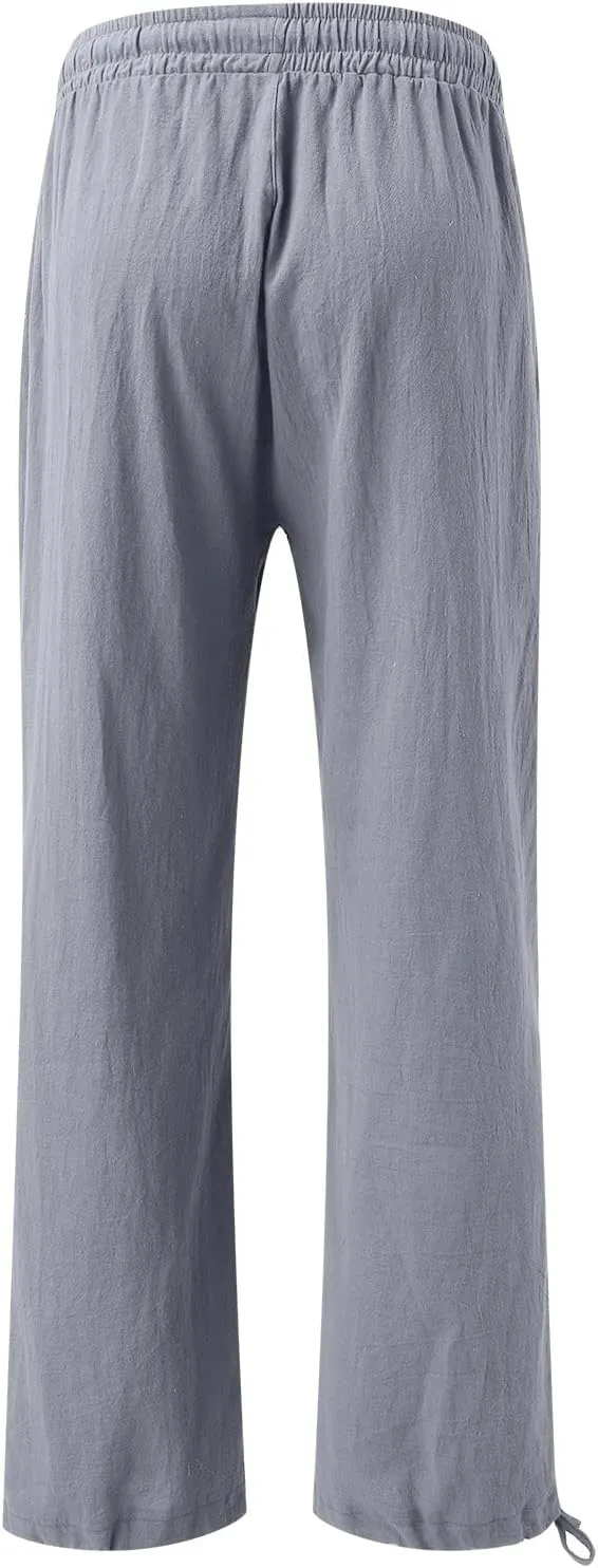 Womens Trousers High Waisted Drawstring Cotton Linen Pants Wide Leg Lounge Pants with Pockets, Small-5X-Large