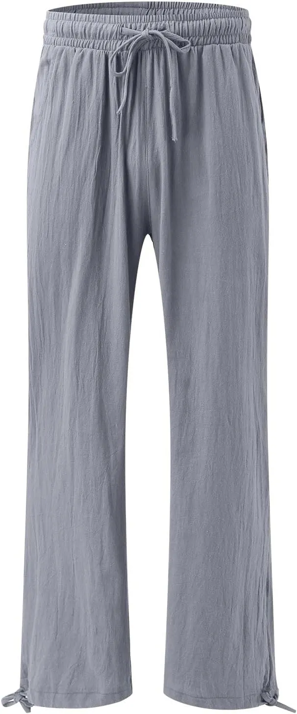 Womens Trousers High Waisted Drawstring Cotton Linen Pants Wide Leg Lounge Pants with Pockets, Small-5X-Large