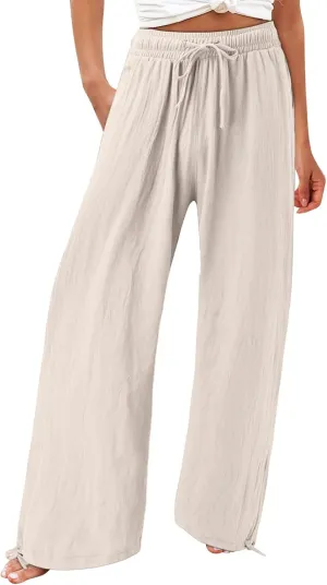 Womens Trousers High Waisted Drawstring Cotton Linen Pants Wide Leg Lounge Pants with Pockets, Small-5X-Large