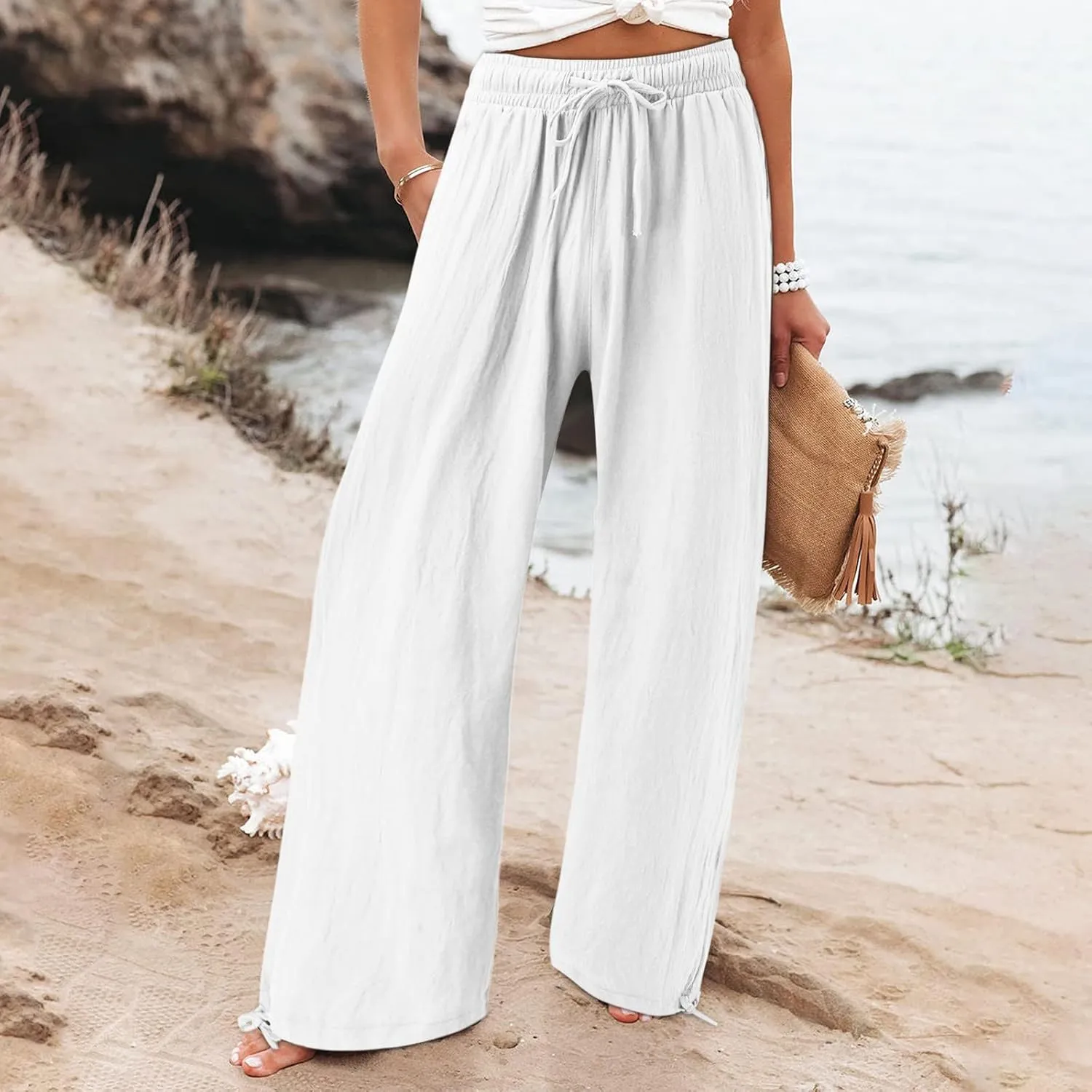 Womens Trousers High Waisted Drawstring Cotton Linen Pants Wide Leg Lounge Pants with Pockets, Small-5X-Large