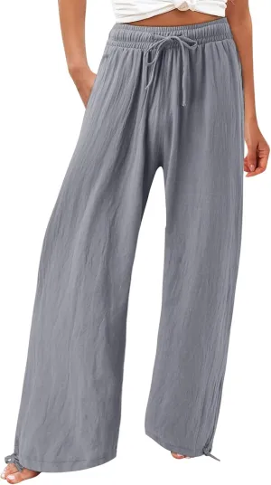 Womens Trousers High Waisted Drawstring Cotton Linen Pants Wide Leg Lounge Pants with Pockets, Small-5X-Large