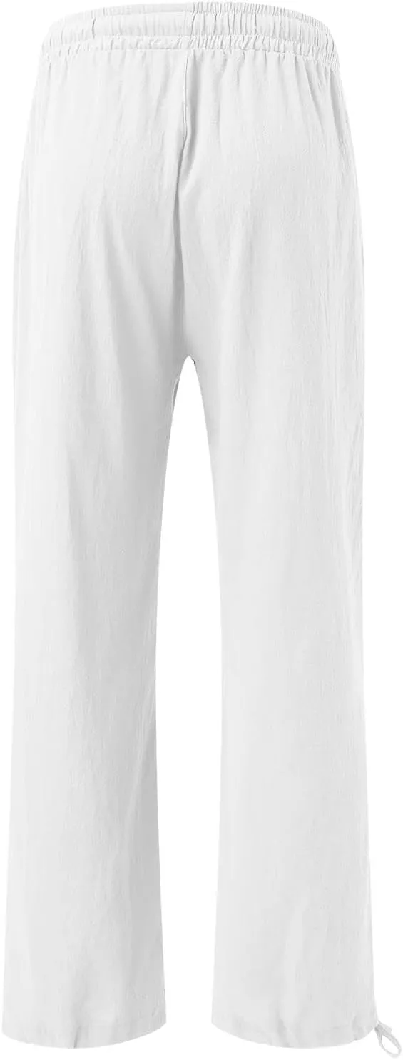Womens Trousers High Waisted Drawstring Cotton Linen Pants Wide Leg Lounge Pants with Pockets, Small-5X-Large