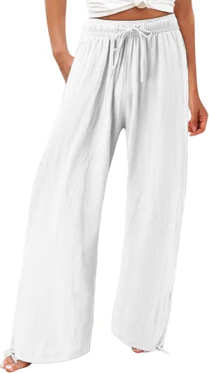 Womens Trousers High Waisted Drawstring Cotton Linen Pants Wide Leg Lounge Pants with Pockets, Small-5X-Large