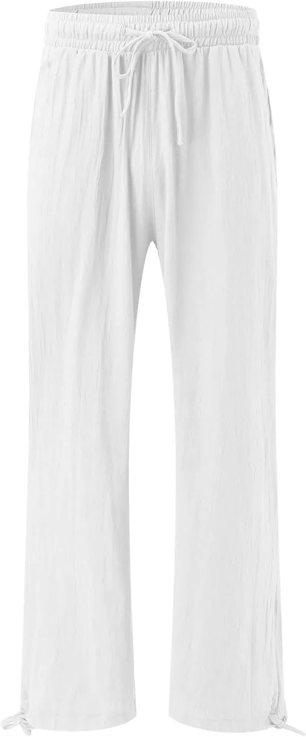 Womens Trousers High Waisted Drawstring Cotton Linen Pants Wide Leg Lounge Pants with Pockets, Small-5X-Large