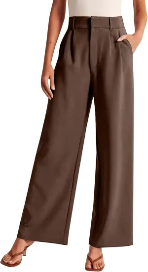 Women's Trousers Solid Color Thin High Waist Wide Leg Pants Womens Casual Stretchy Work Pants with Pockets