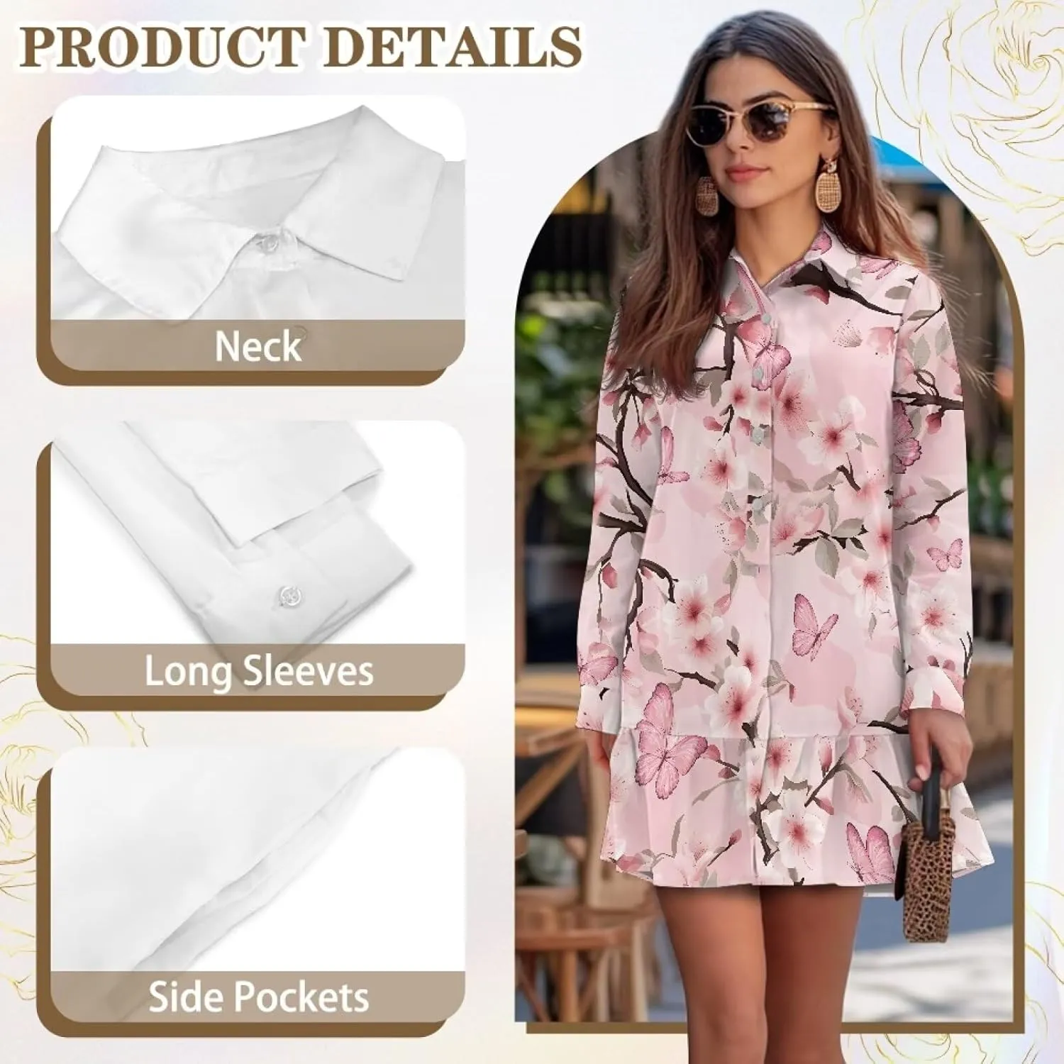 Women's Tunic Mini Shirt Dress Long Sleeve Breathable Loose Button Up Dresses V Neck Casual Flowy Ruffle Hem