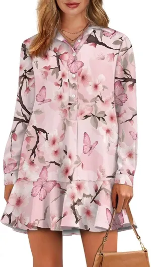 Women's Tunic Mini Shirt Dress Long Sleeve Breathable Loose Button Up Dresses V Neck Casual Flowy Ruffle Hem