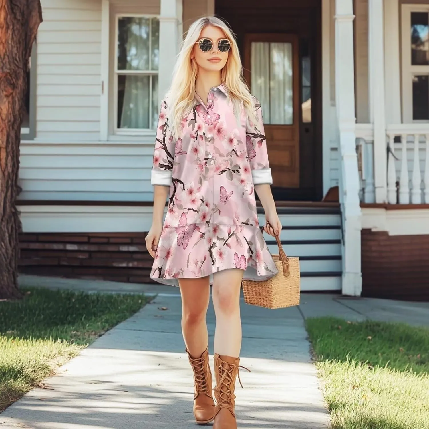 Women's Tunic Mini Shirt Dress Long Sleeve Breathable Loose Button Up Dresses V Neck Casual Flowy Ruffle Hem