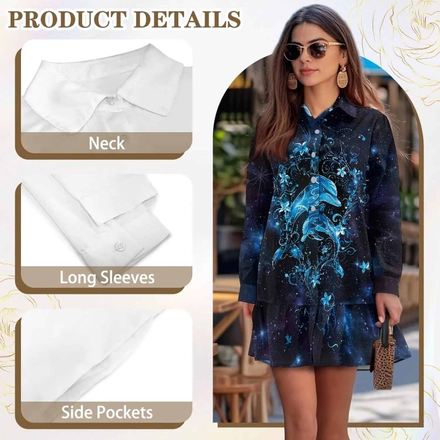 Women's Tunic Mini Shirt Dress Long Sleeve Breathable Loose Button Up Dresses V Neck Casual Flowy Ruffle Hem