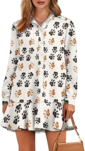 Women's Tunic Mini Shirt Dress Long Sleeve Breathable Loose Button Up Dresses V Neck Casual Flowy Ruffle Hem