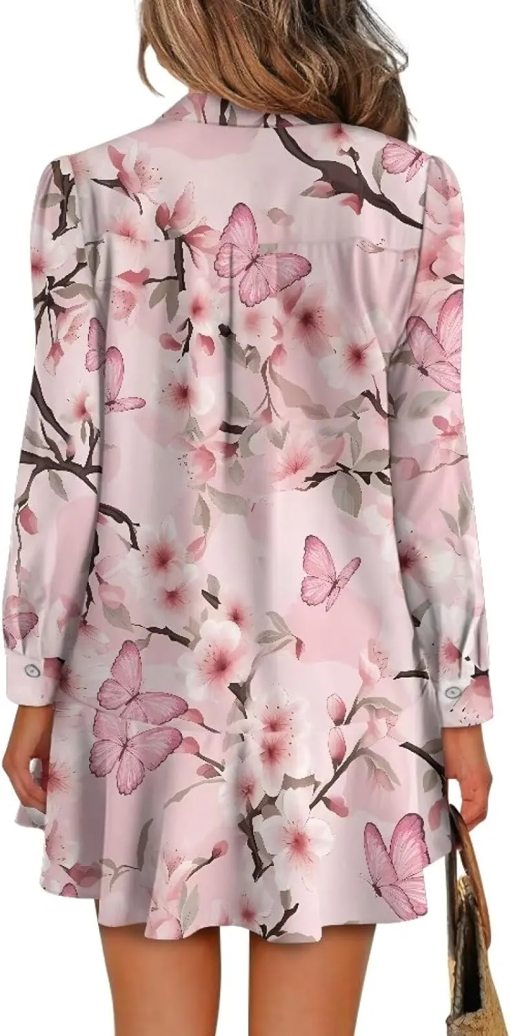 Women's Tunic Mini Shirt Dress Long Sleeve Breathable Loose Button Up Dresses V Neck Casual Flowy Ruffle Hem