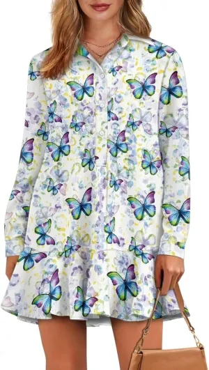 Women's Tunic Mini Shirt Dress Long Sleeve Breathable Loose Button Up Dresses V Neck Casual Flowy Ruffle Hem