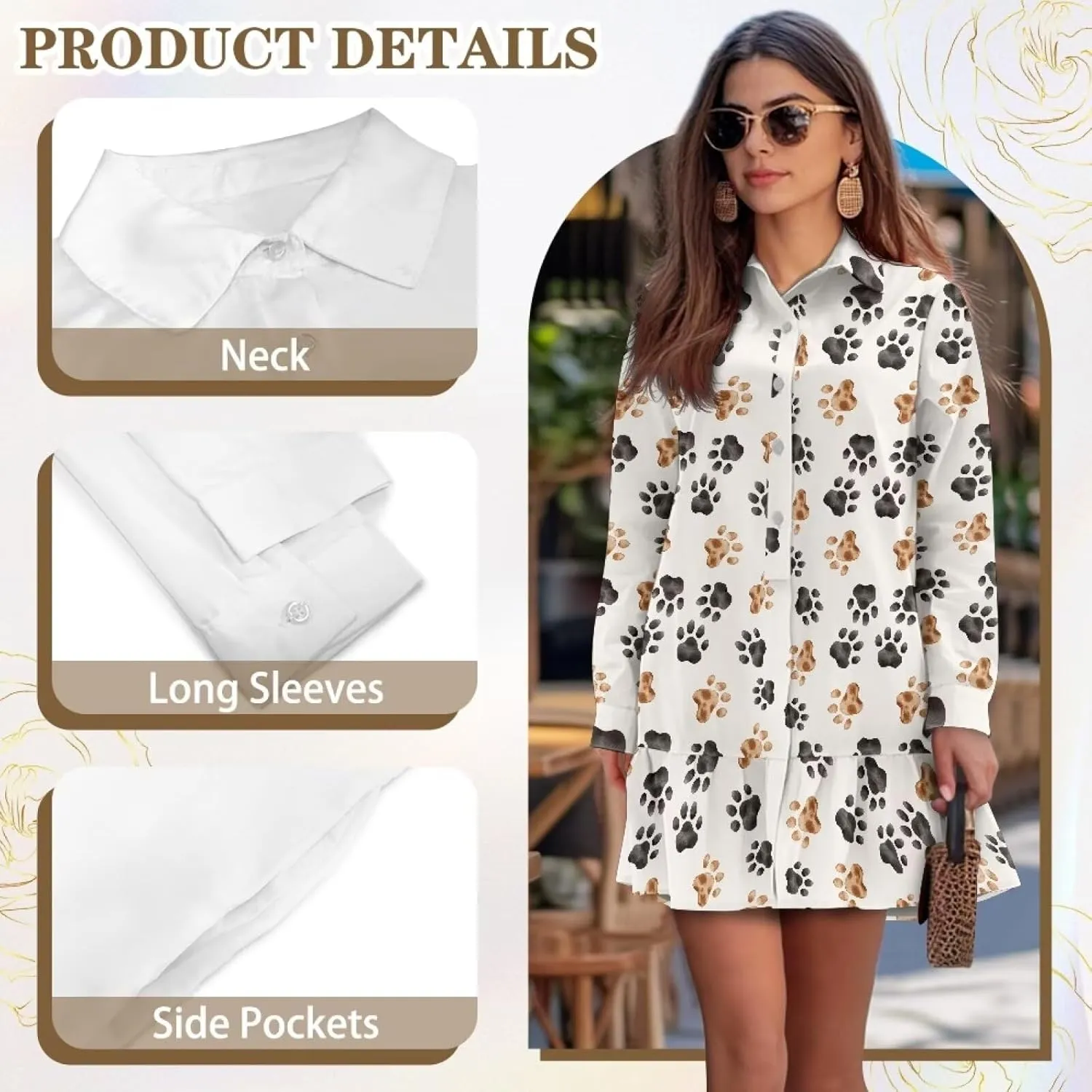 Women's Tunic Mini Shirt Dress Long Sleeve Breathable Loose Button Up Dresses V Neck Casual Flowy Ruffle Hem