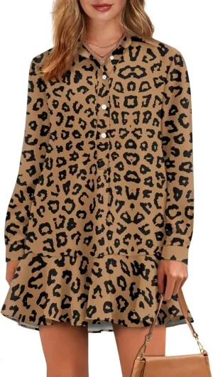 Women's Tunic Mini Shirt Dress Long Sleeve Breathable Loose Button Up Dresses V Neck Casual Flowy Ruffle Hem