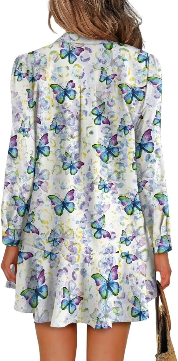 Women's Tunic Mini Shirt Dress Long Sleeve Breathable Loose Button Up Dresses V Neck Casual Flowy Ruffle Hem