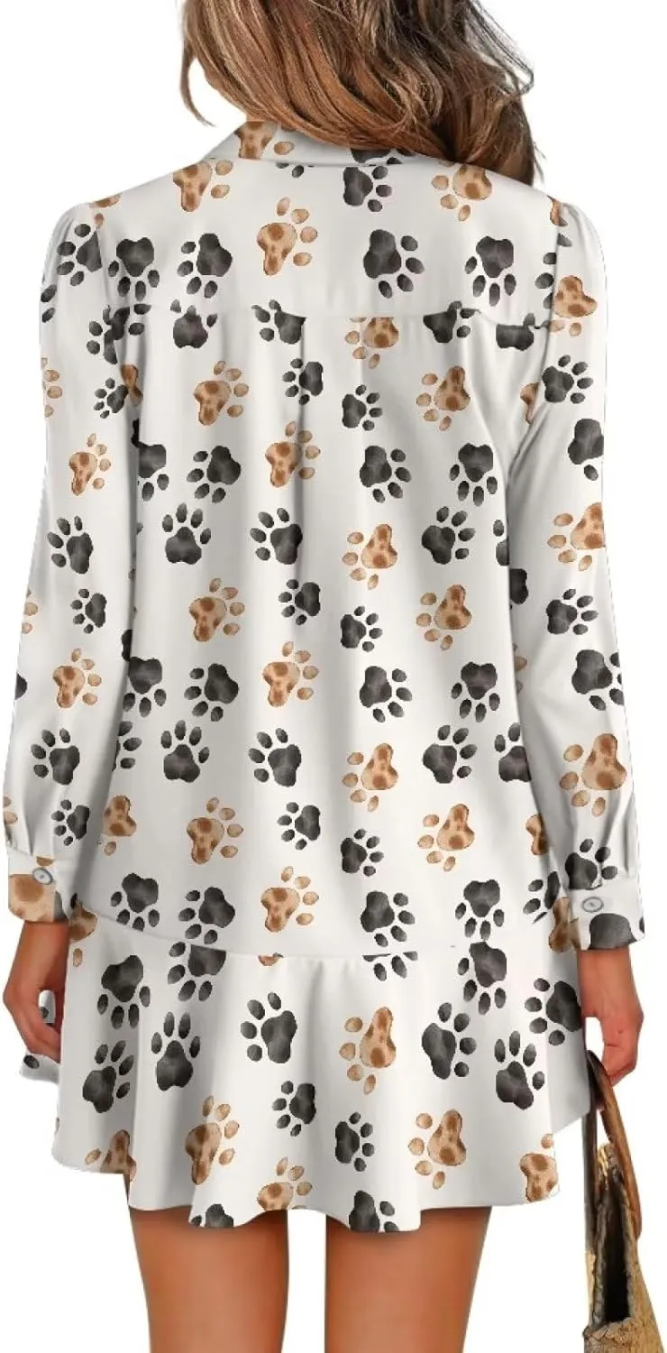 Women's Tunic Mini Shirt Dress Long Sleeve Breathable Loose Button Up Dresses V Neck Casual Flowy Ruffle Hem