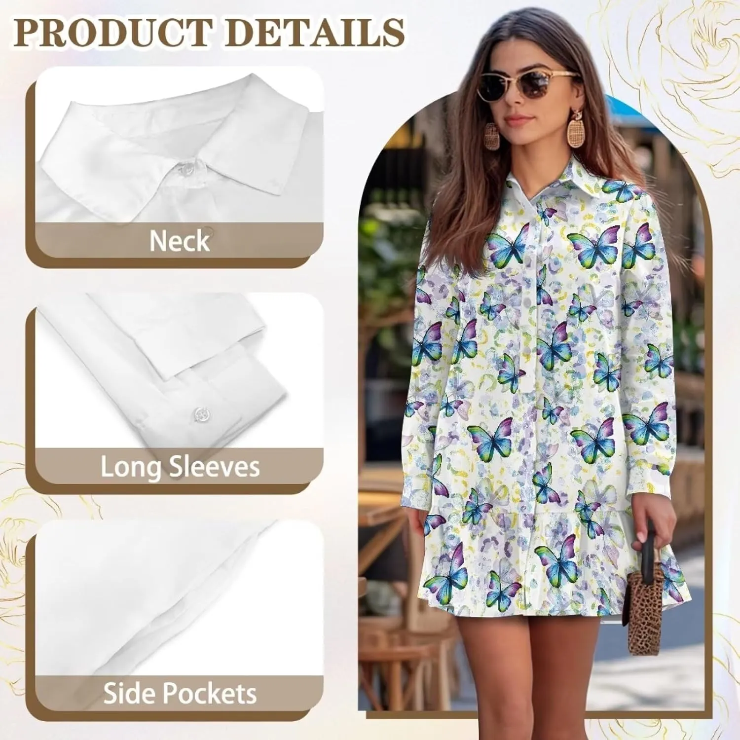 Women's Tunic Mini Shirt Dress Long Sleeve Breathable Loose Button Up Dresses V Neck Casual Flowy Ruffle Hem