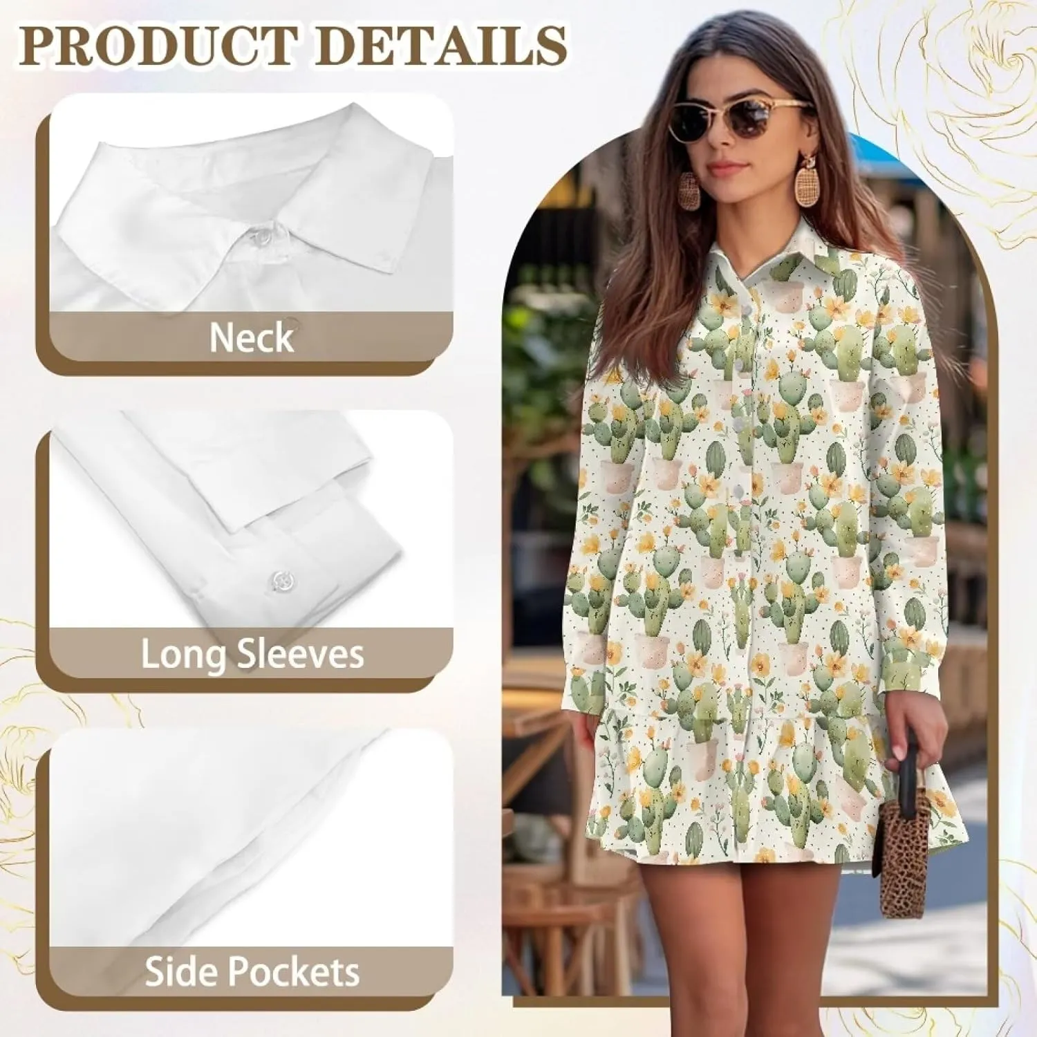 Women's Tunic Mini Shirt Dress Long Sleeve Breathable Loose Button Up Dresses V Neck Casual Flowy Ruffle Hem