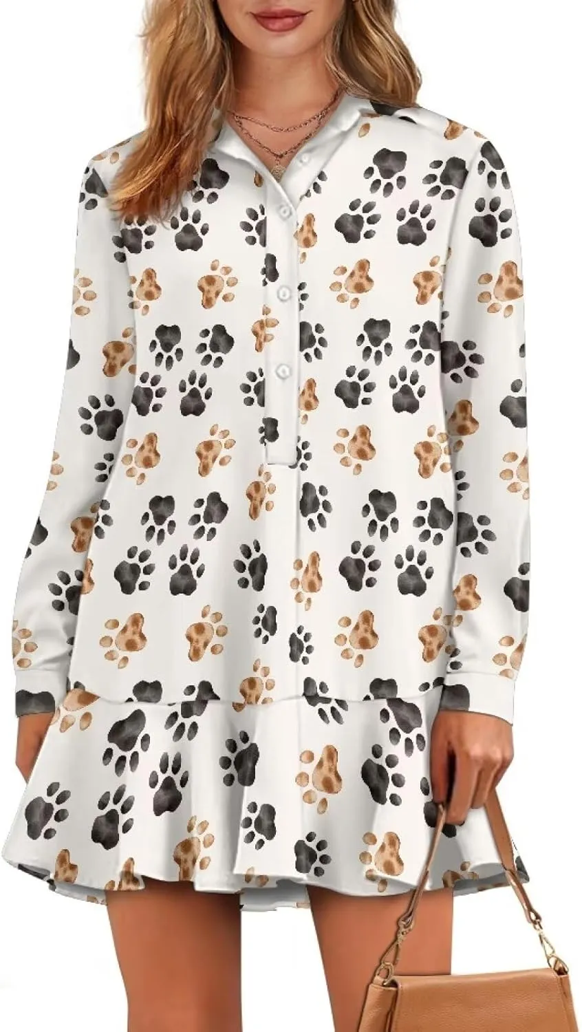 Women's Tunic Mini Shirt Dress Long Sleeve Breathable Loose Button Up Dresses V Neck Casual Flowy Ruffle Hem