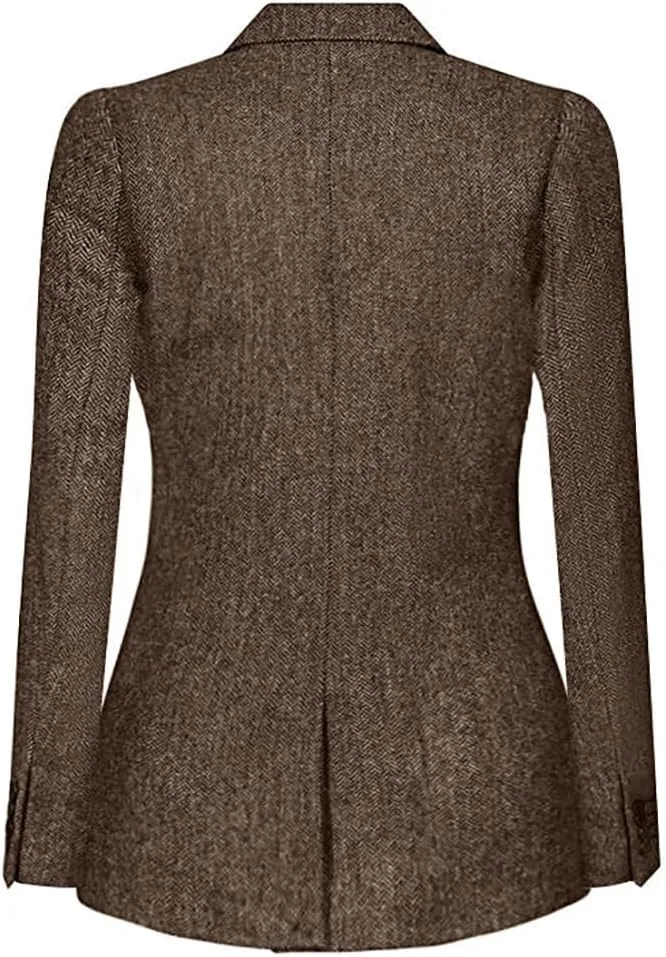 Women's Vintage Herringbone Blazer Jacket Notch Lapel Retro Single Breasted Flap Pocket Casual Party Classic