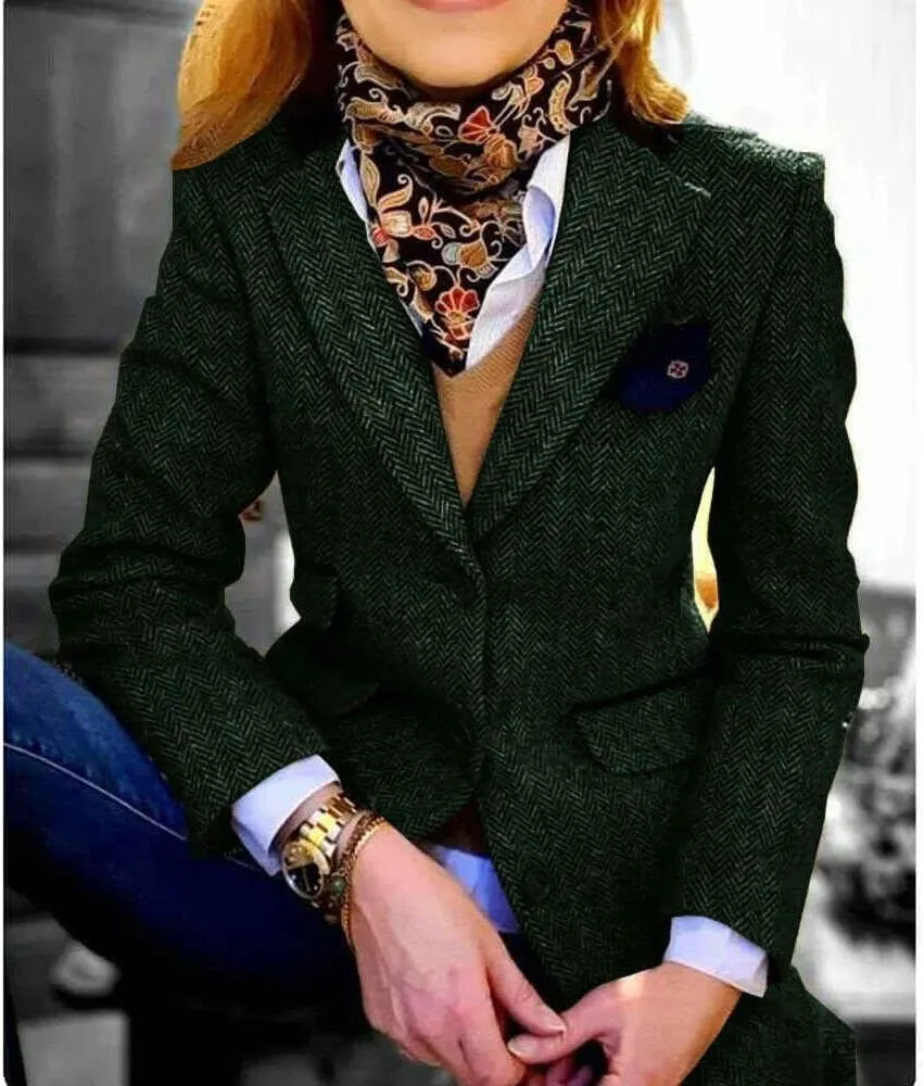 Women's Vintage Herringbone Blazer Jacket Notch Lapel Retro Single Breasted Flap Pocket Casual Party Classic