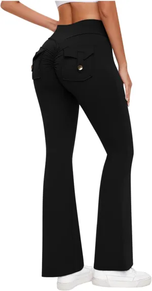 Women's Wide Leg Flare Pants High Waist Running Joggers Trendy Lounge Baggy Trousers with Pockets