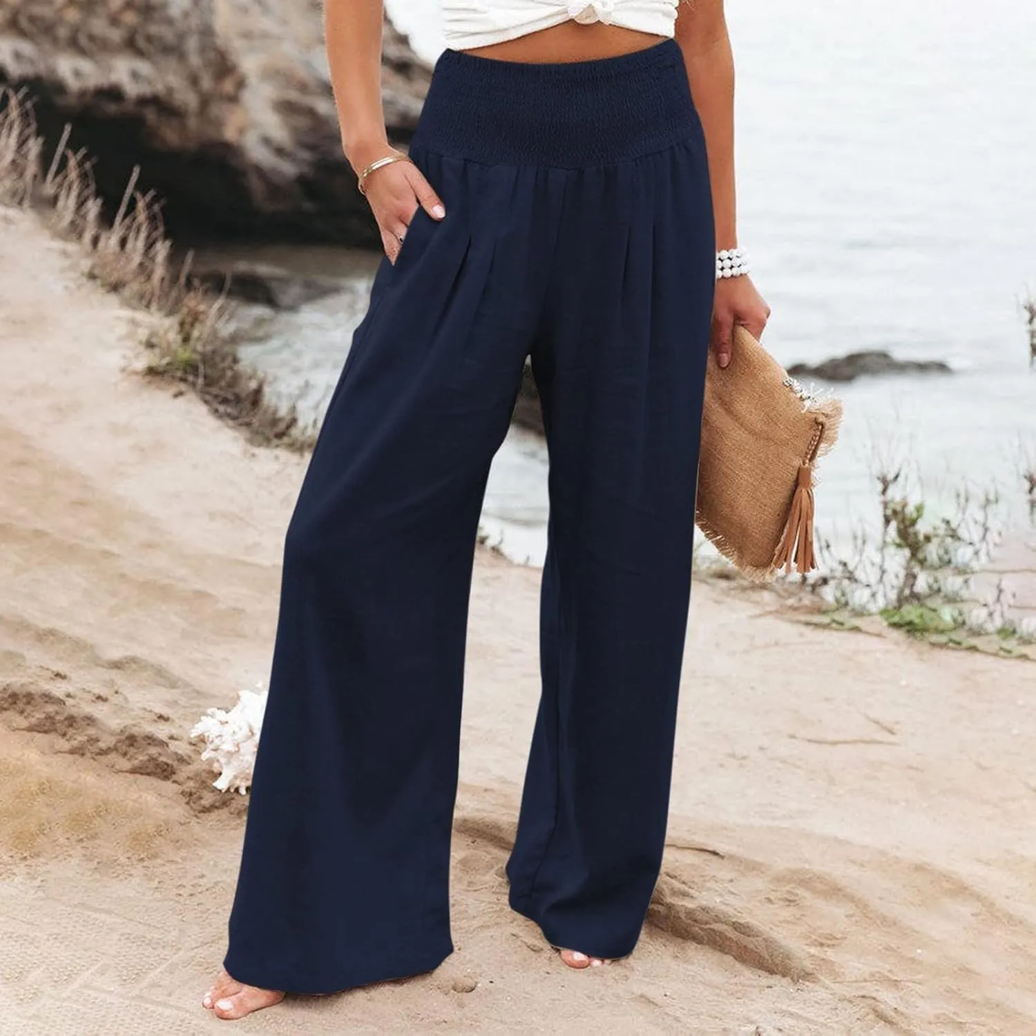 Women's Wide Leg Long Lounge Pants High Waist Drawstring Loose Light Weight Fit Casual Trousers Comfy Pants