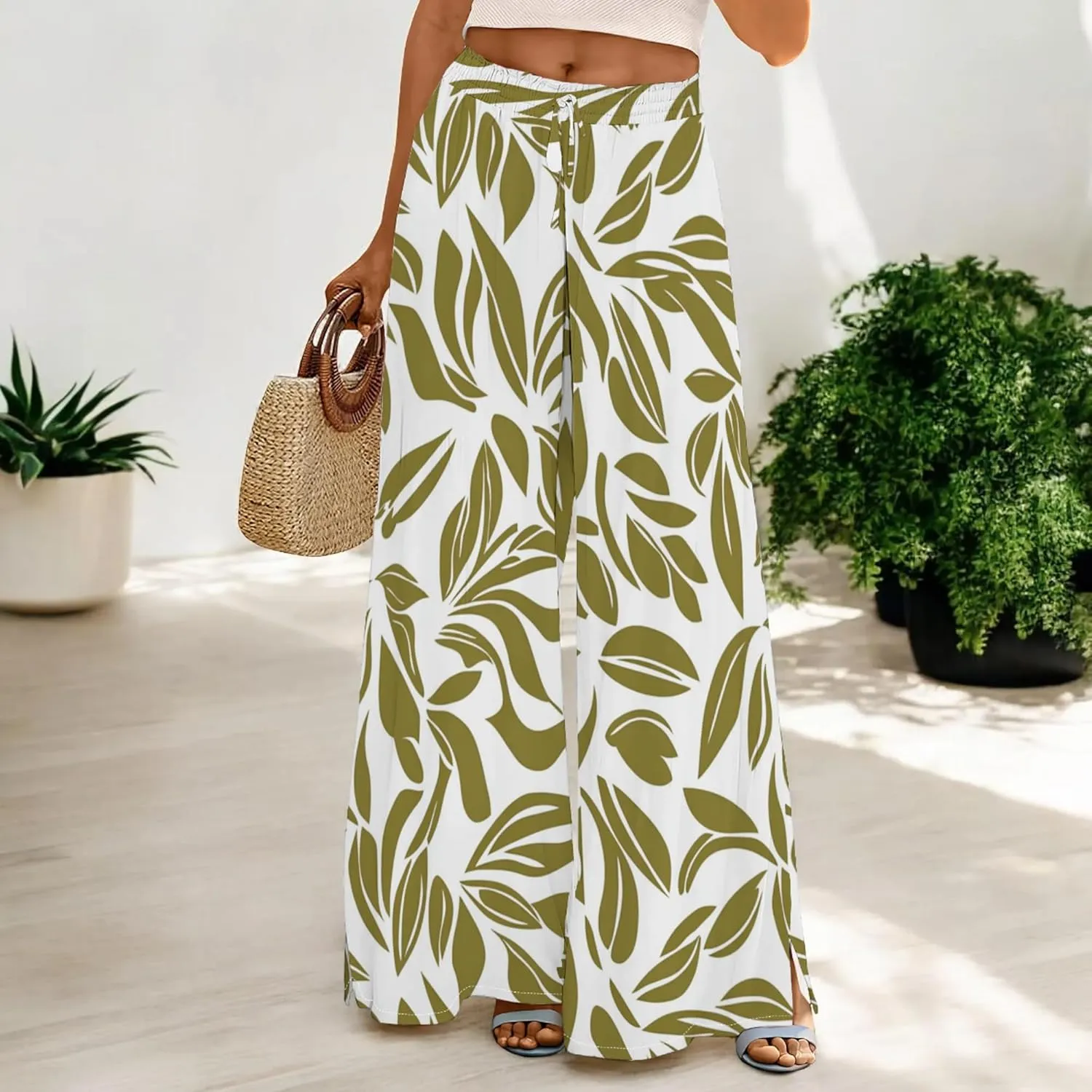 Womens Wide Leg Palazzo Floral Print Pants Flowy High Waist Casual Hawaiian Beach Trousers