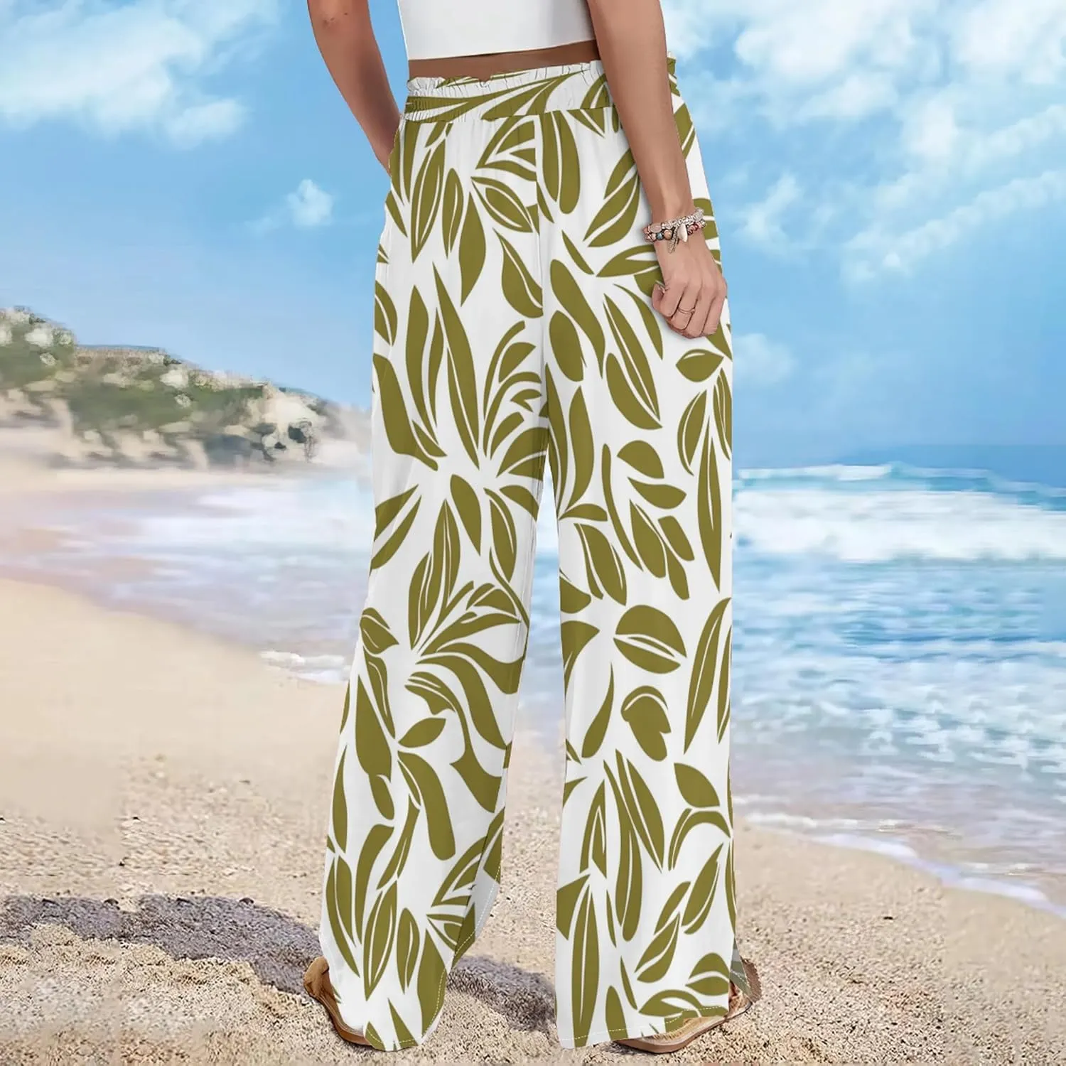 Womens Wide Leg Palazzo Floral Print Pants Flowy High Waist Casual Hawaiian Beach Trousers