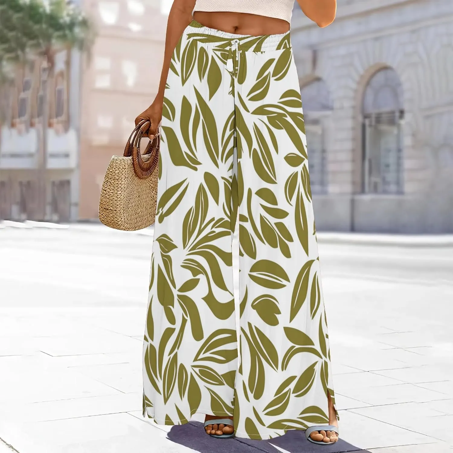 Womens Wide Leg Palazzo Floral Print Pants Flowy High Waist Casual Hawaiian Beach Trousers