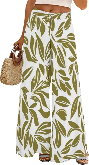 Womens Wide Leg Palazzo Floral Print Pants Flowy High Waist Casual Hawaiian Beach Trousers