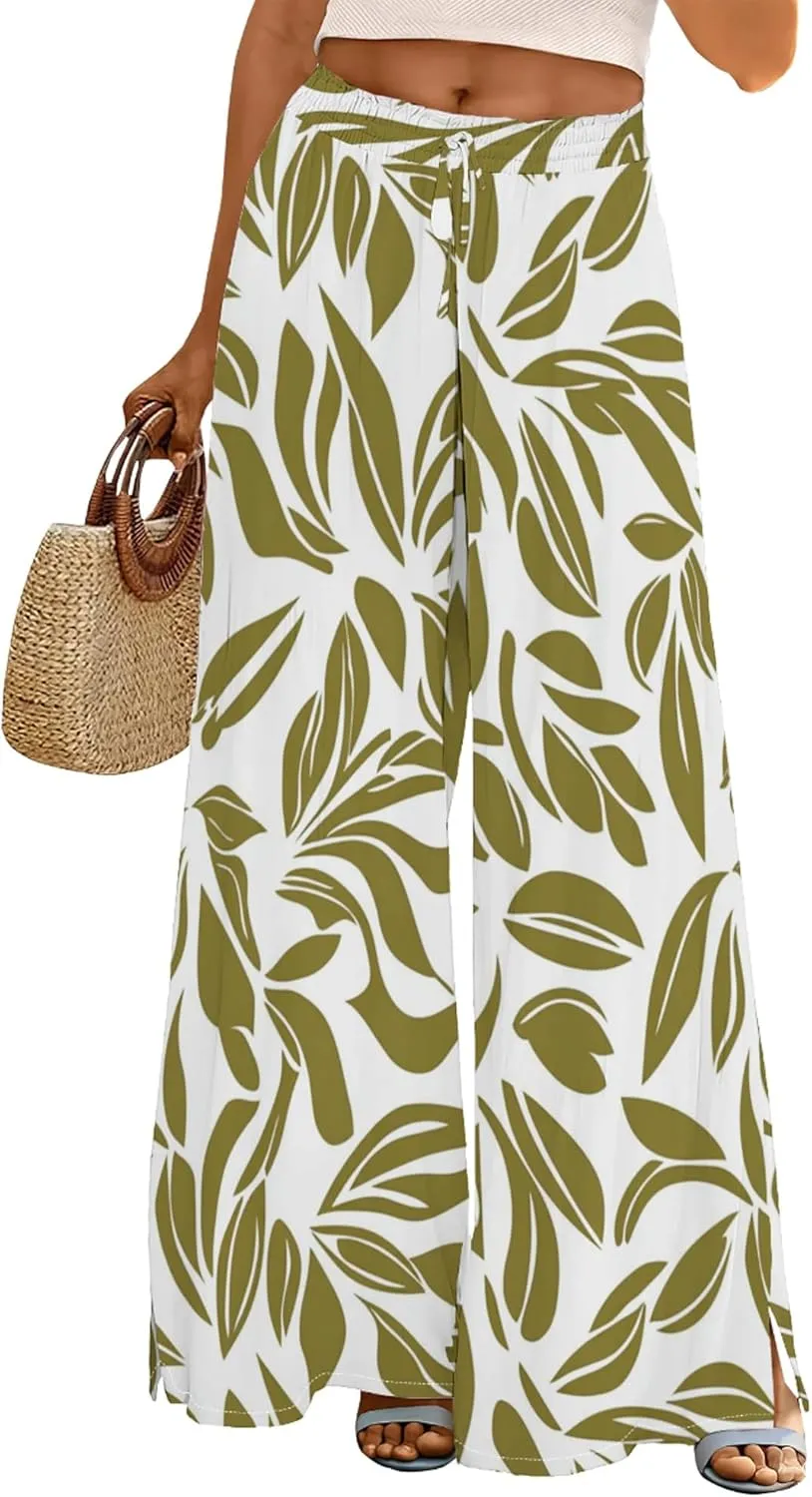 Womens Wide Leg Palazzo Floral Print Pants Flowy High Waist Casual Hawaiian Beach Trousers