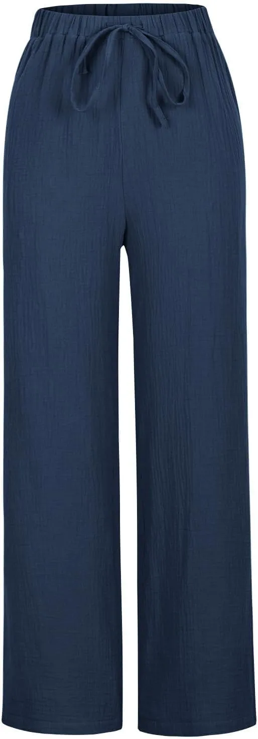 Womens Wide Leg Pants Summer Cotton Linen Beach Pants Breathable Drawstring Waist Pants Solid Color Casual Trousers
