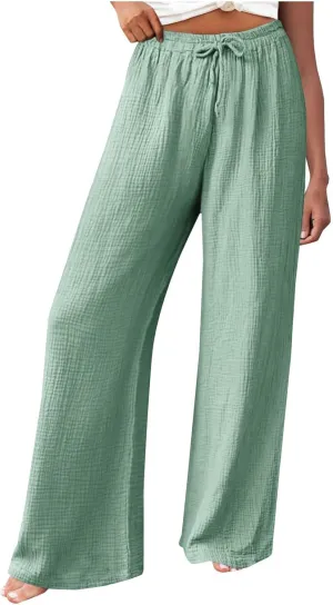 Womens Wide Leg Pants Summer Cotton Linen Beach Pants Breathable Drawstring Waist Pants Solid Color Casual Trousers