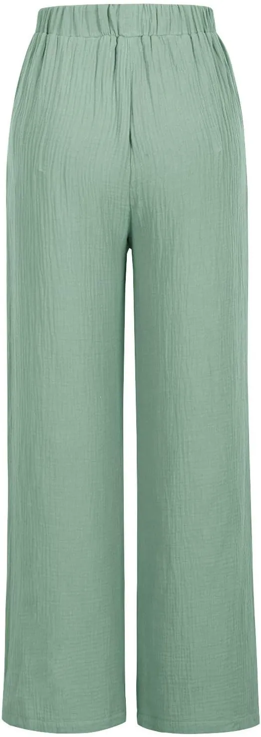 Womens Wide Leg Pants Summer Cotton Linen Beach Pants Breathable Drawstring Waist Pants Solid Color Casual Trousers