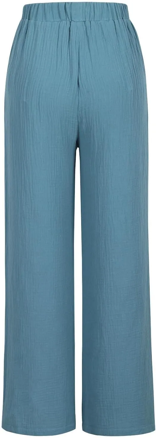 Womens Wide Leg Pants Summer Cotton Linen Beach Pants Breathable Drawstring Waist Pants Solid Color Casual Trousers