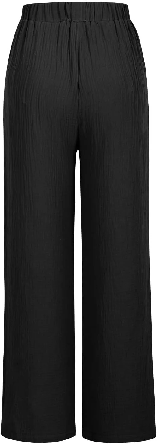 Womens Wide Leg Pants Summer Cotton Linen Beach Pants Breathable Drawstring Waist Pants Solid Color Casual Trousers
