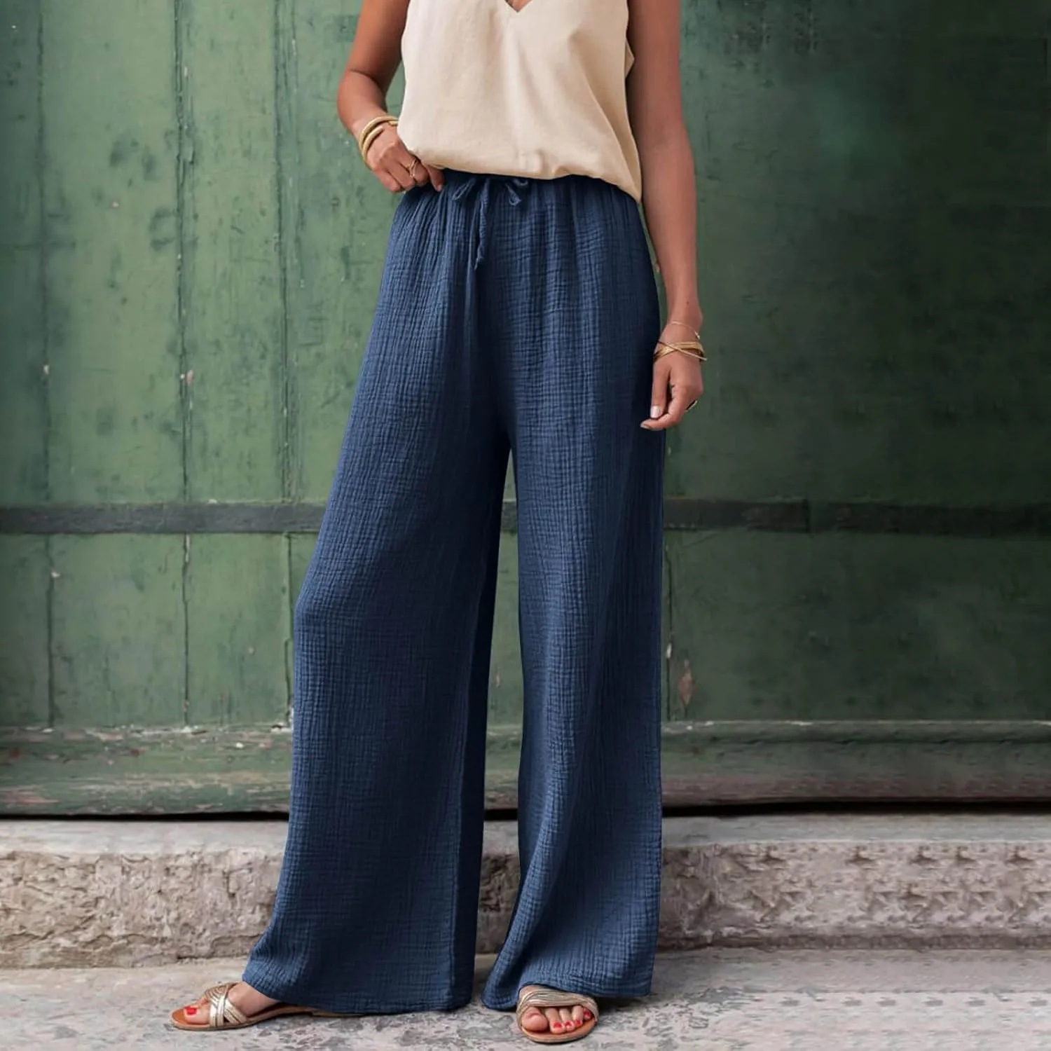 Womens Wide Leg Pants Summer Cotton Linen Beach Pants Breathable Drawstring Waist Pants Solid Color Casual Trousers