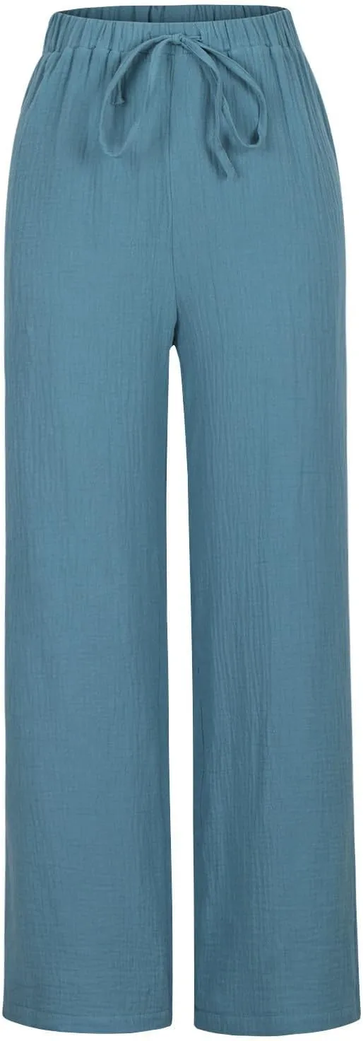 Womens Wide Leg Pants Summer Cotton Linen Beach Pants Breathable Drawstring Waist Pants Solid Color Casual Trousers